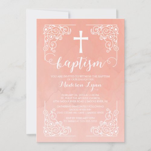 Modern Watercolor Girls Baptism Christening Cross 5x7 Paper Invitation Card