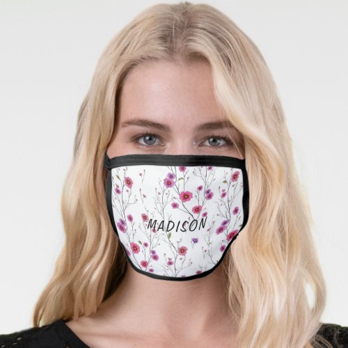 Modern Watercolor Girly Pink Purple Floral Name Face Mask