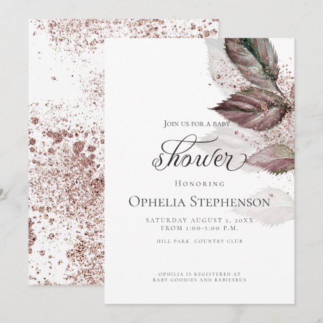 Modern Watercolor Glitter Foliage Baby Shower Invitation (Front/Back)