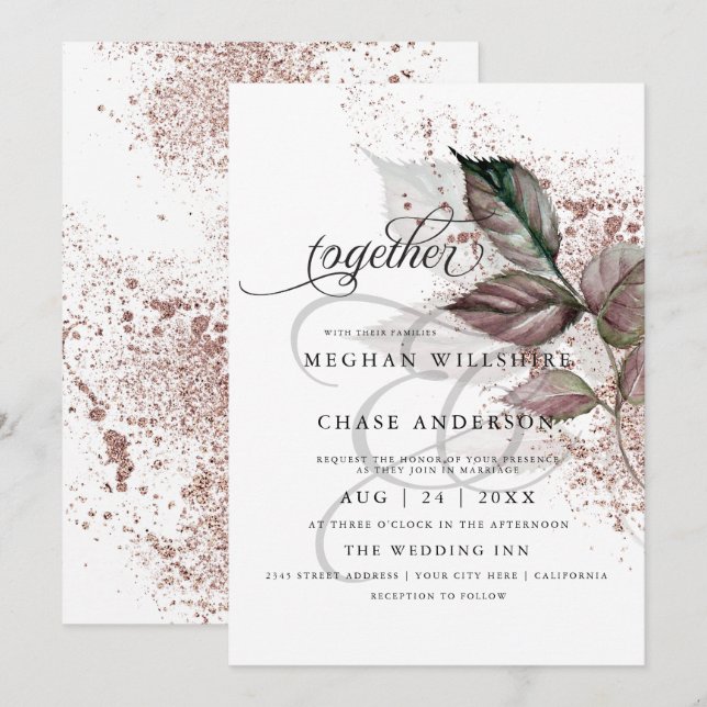 Modern Watercolor Glitter Foliage BarefootBride™ Invitation (Front/Back)