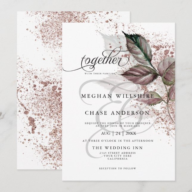 Modern Watercolor Glitter Foliage BarefootBride™ Invitation (Front/Back)