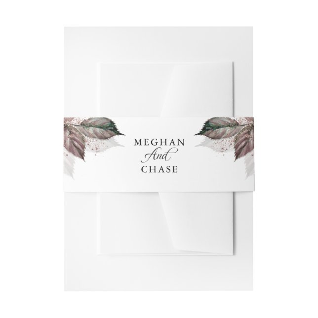 Modern Watercolor Glitter Foliage BarefootBride™ Invitation Belly Band (Front Example)