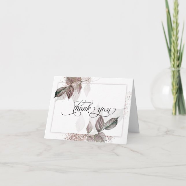 Modern Watercolor Glitter Foliage BarefootBride™ Thank You Card (Front)