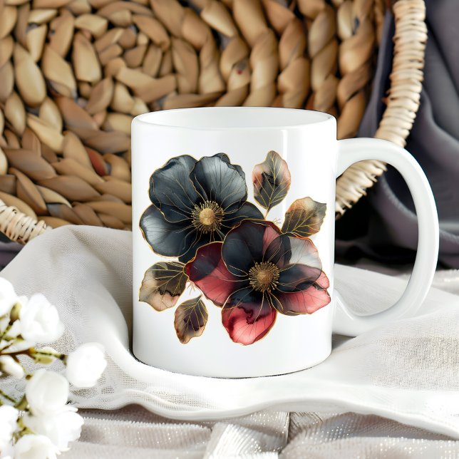 Modern watercolor gold black and burgundy flowers coffee mug (Creator Uploaded)