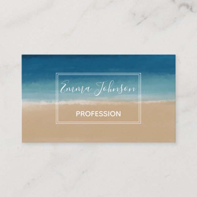 Modern Watercolor Gold Blue Beach Business Card (Front)