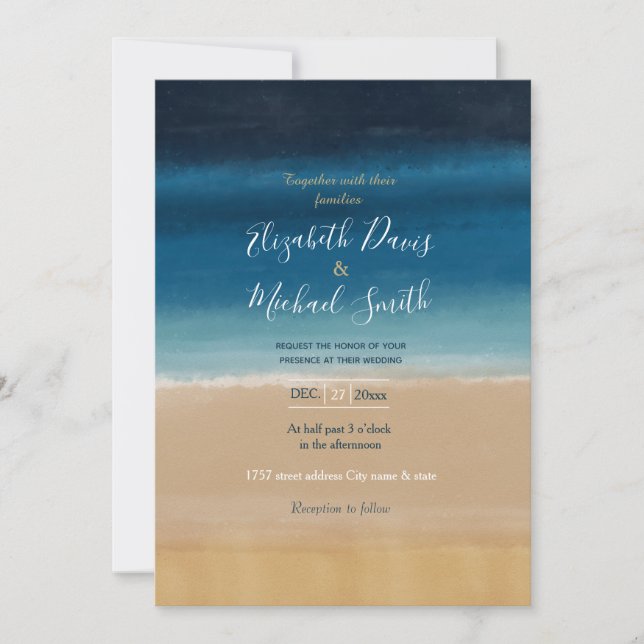 Modern Watercolor Gold Blue Beach Invitation (Front)