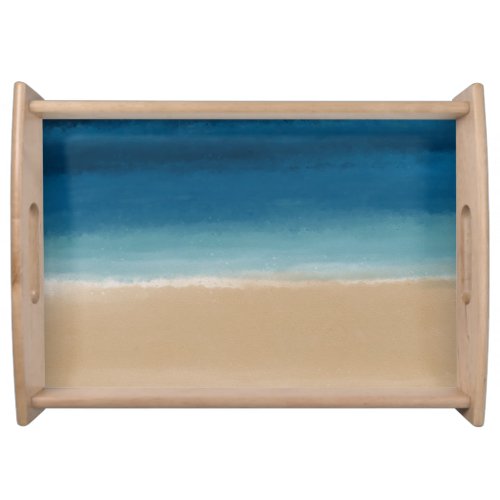 Modern Watercolor Gold Blue Beach Serving Tray