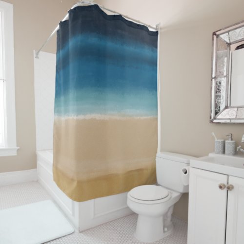 Modern Watercolor Gold Blue Beach Shower Curtain