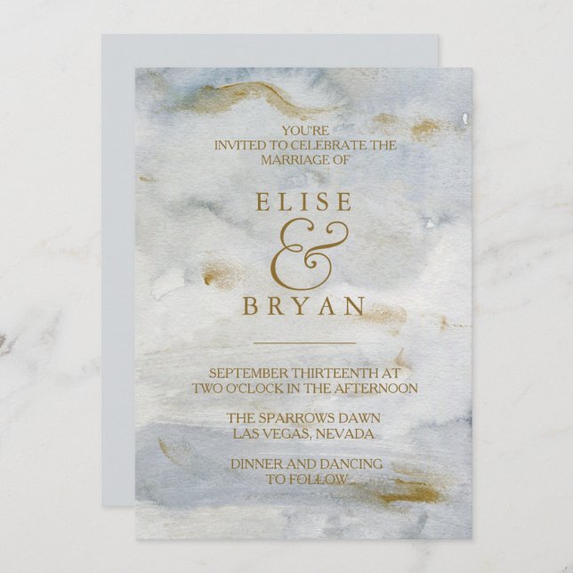 Modern Watercolor Gold Blue Marble Wedding Invite (Front/Back)
