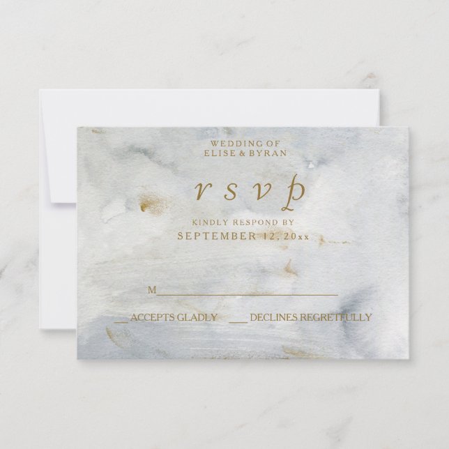 Modern Watercolor Gold Blue Marble Wedding RSVP Card (Front)