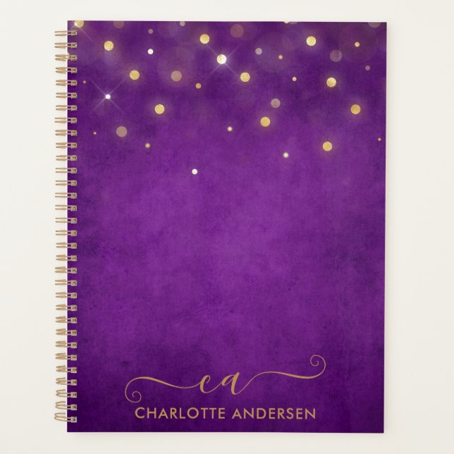 Modern Watercolor Gold Bokeh Glitter Monogrammed Planner (Front)