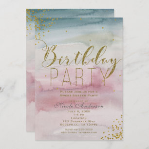 Modern Watercolor Gold Confetti Birthday Party Invitation