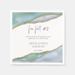 Modern Watercolor Gold Dusty Blue Fun Fact Wedding Napkins