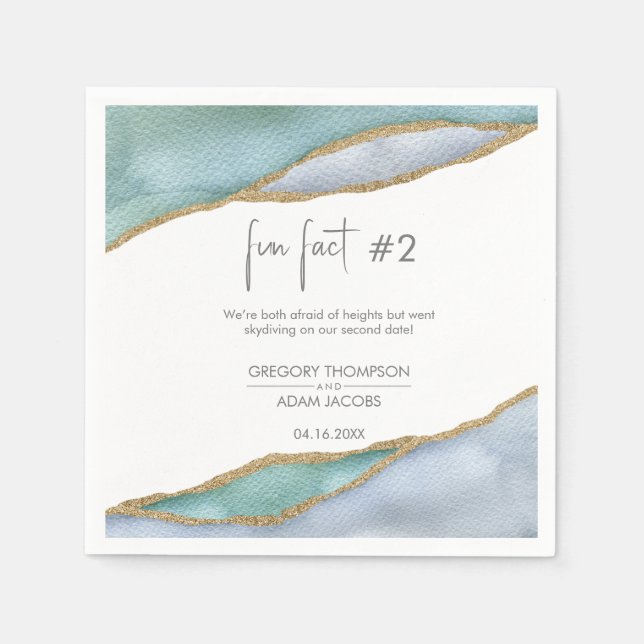 Modern Watercolor Gold Dusty Blue Fun Fact Wedding Napkins (Front)