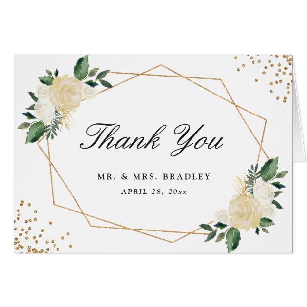 Modern Watercolor Gold Green Floral Thank You Card