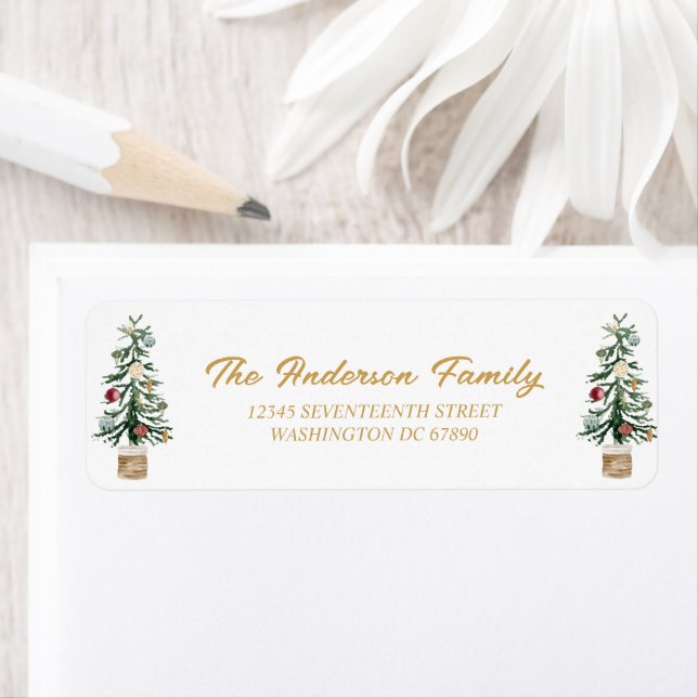 Modern Watercolor Gold Ornaments Tree Christmas Label (Insitu)