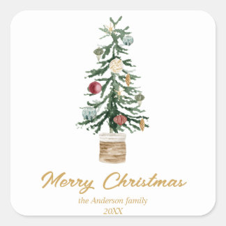 Modern Watercolor Gold Ornaments Tree Christmas Square Sticker