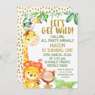 Modern Watercolor Gold Safari Animals Birthday Invitation