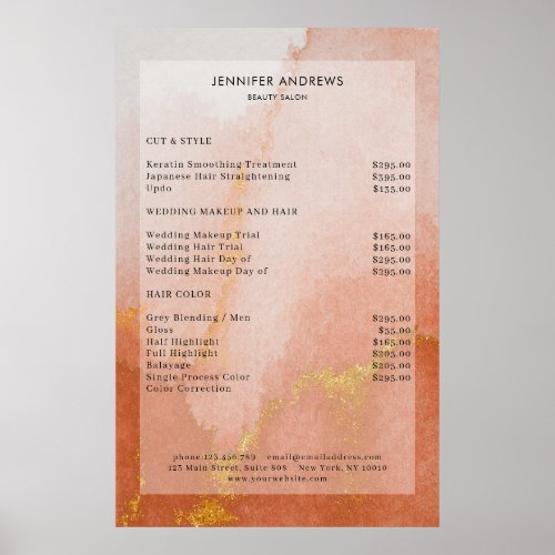 Modern Watercolor Gold Salon Price List Poster