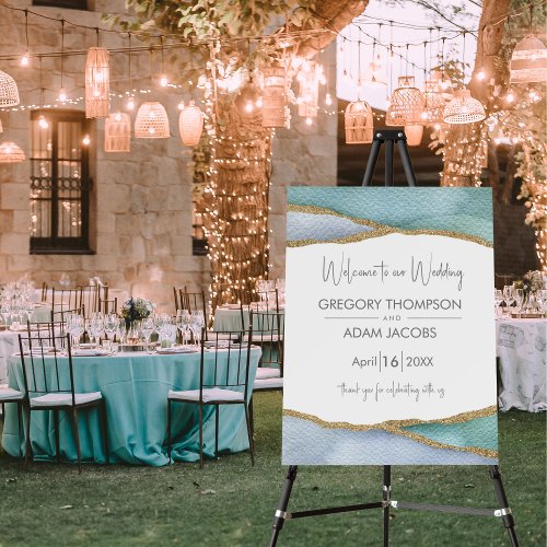 Modern watercolor gold trim wedding welcome sign