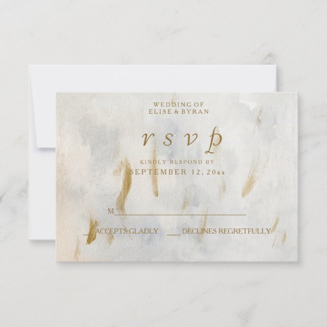 Modern Watercolor Gold White Marble Wedding RSVP (Front)