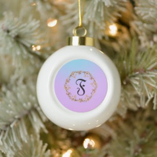 Modern watercolor gradient flowers Monogram Name Ceramic Ball Christmas Ornament