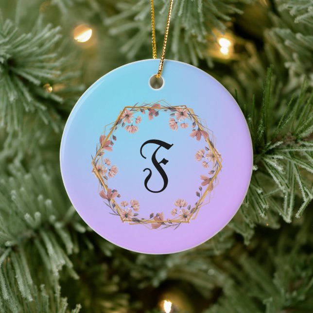  Modern watercolor gradient  flowers Monogram Name Ceramic Ornament (Tree)