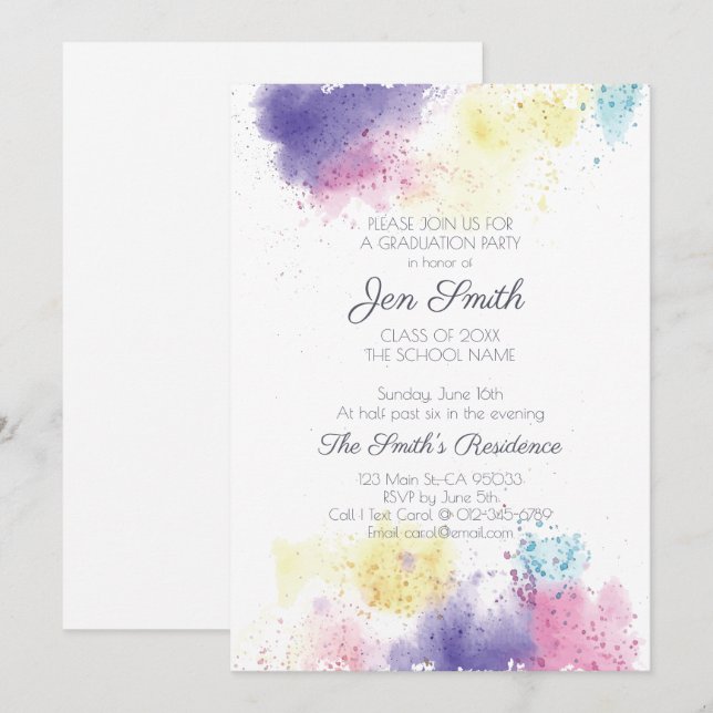 Modern Watercolor Graduation Party Invitation. Invitation (Front/Back)