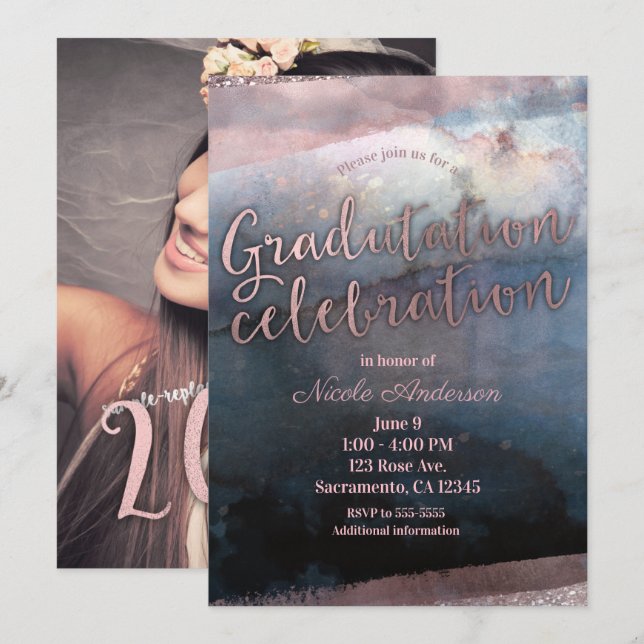Modern Watercolor Graduation Party Photo 2018 Invitation (Front/Back)