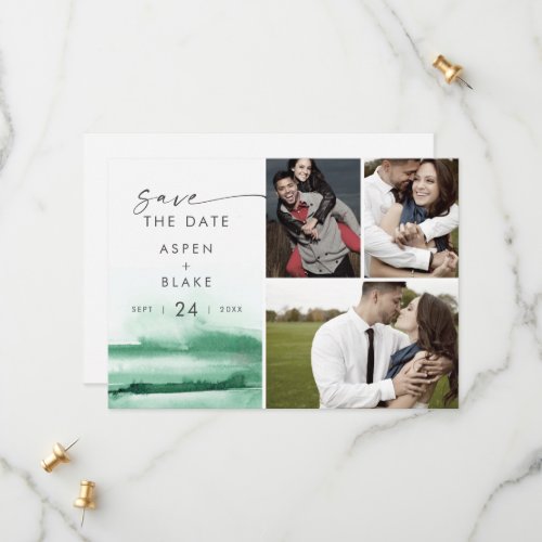 Modern Watercolor  Green 3 Photo Collage Save The Date