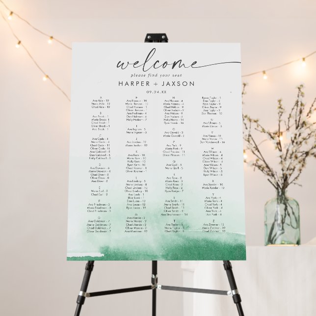 Modern Watercolor Green Alphabetical Seating Chart Foam Board (In Situ (Stand))