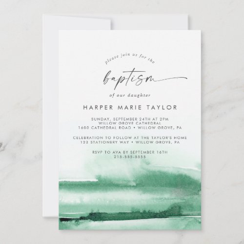Modern Watercolor  Green Baptism Invitation