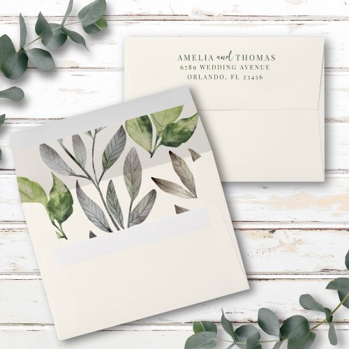 Modern Watercolor Green Botanical Wedding Envelope