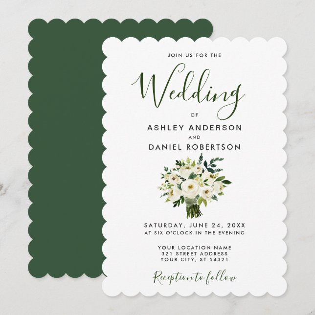 Modern Watercolor Green Floral Wedding Invite (Front/Back)