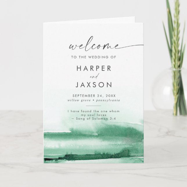 Modern Watercolor | Green Folded Wedding Program (Front)