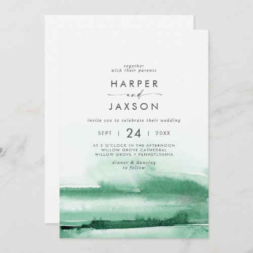 Modern Watercolor  Green Front and Back Wedding Invitation