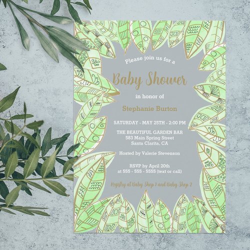 Modern Watercolor Green Gold Leaves Baby Shower Invitation