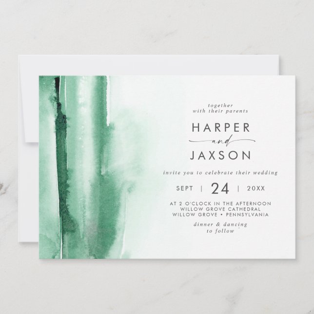 Modern Watercolor | Green Horizontal Wedding Invitation (Front)