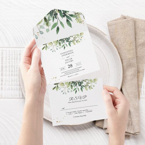 Modern Watercolor Green Leaves Branch All In One Invitation