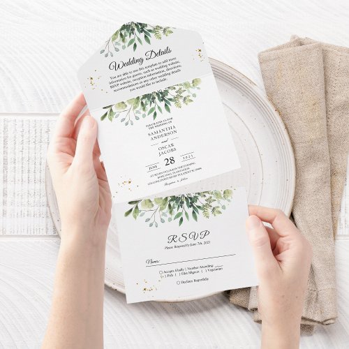 Modern Watercolor Green Leaves Branch All In One Invitation