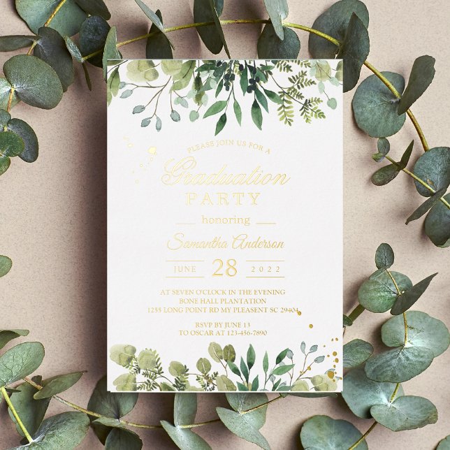 Modern Watercolor Green Leaves Branch Foil Invitation (Creator Uploaded)