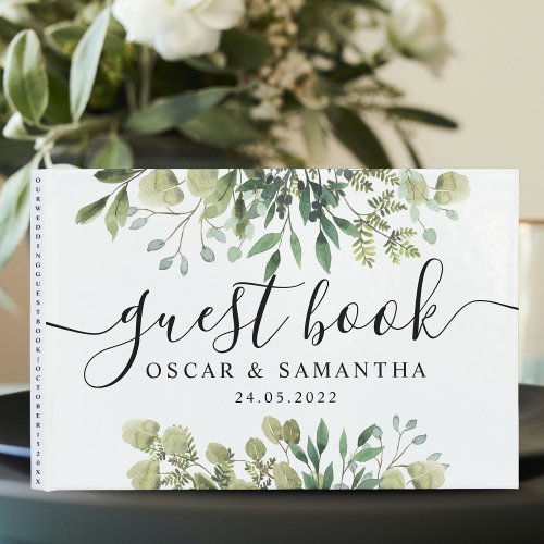 Modern Watercolor Green Leaves Branch Guest Book