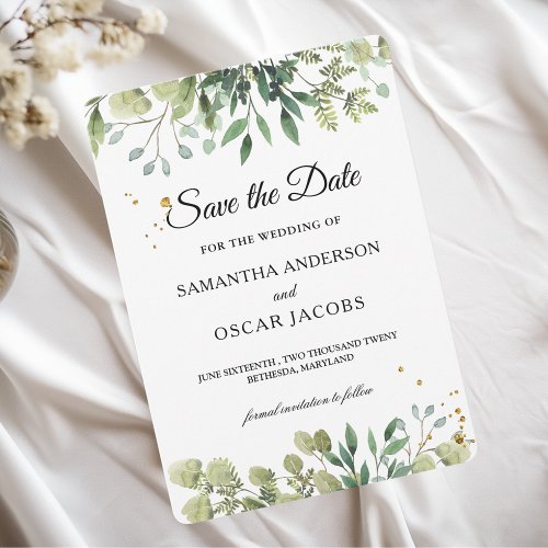 Modern Watercolor Green Leaves Branch Save The Date