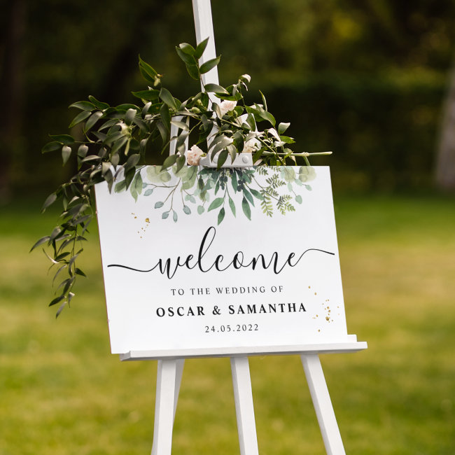 Modern Watercolor Green Leaves Branch Sign