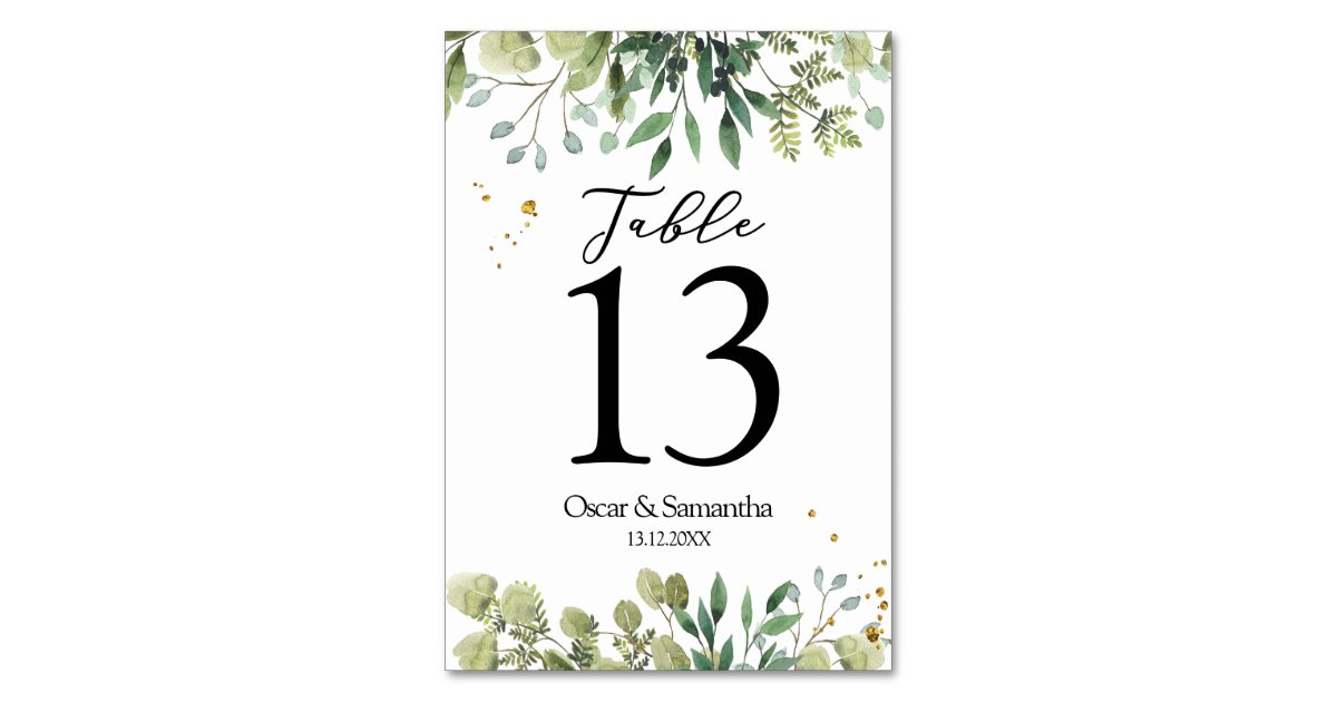 Modern Watercolor Green Leaves Branch Table Number | Zazzle
