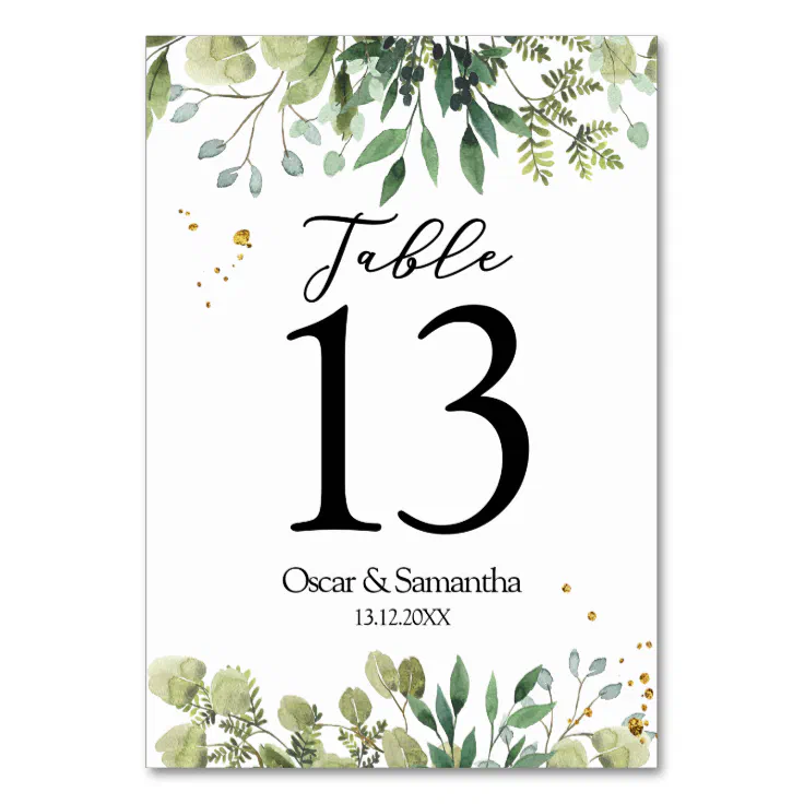 Modern Watercolor Green Leaves Branch Table Number | Zazzle