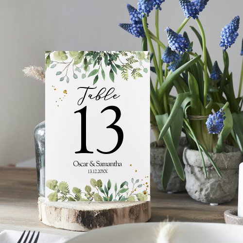 Modern Watercolor Green Leaves Branch Table Number