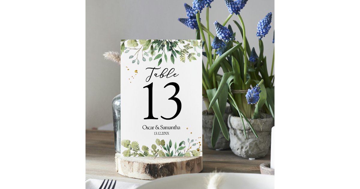 Modern Watercolor Green Leaves Branch Table Number | Zazzle