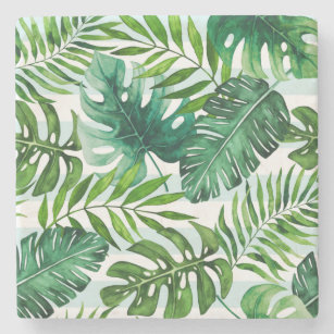 Modern Watercolor Green Leaves Tropical Stone Coaster