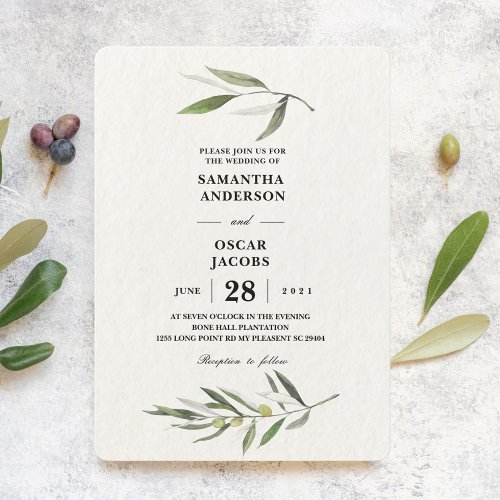 Modern Watercolor Green Olive Branch Invitation